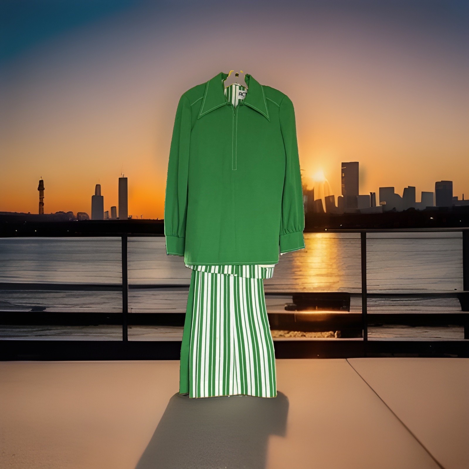 Vtg 1970s NWT ACT III Kelly Green 4 Piece Dacron Knit Tunic Pants Vest Suit 8⁠