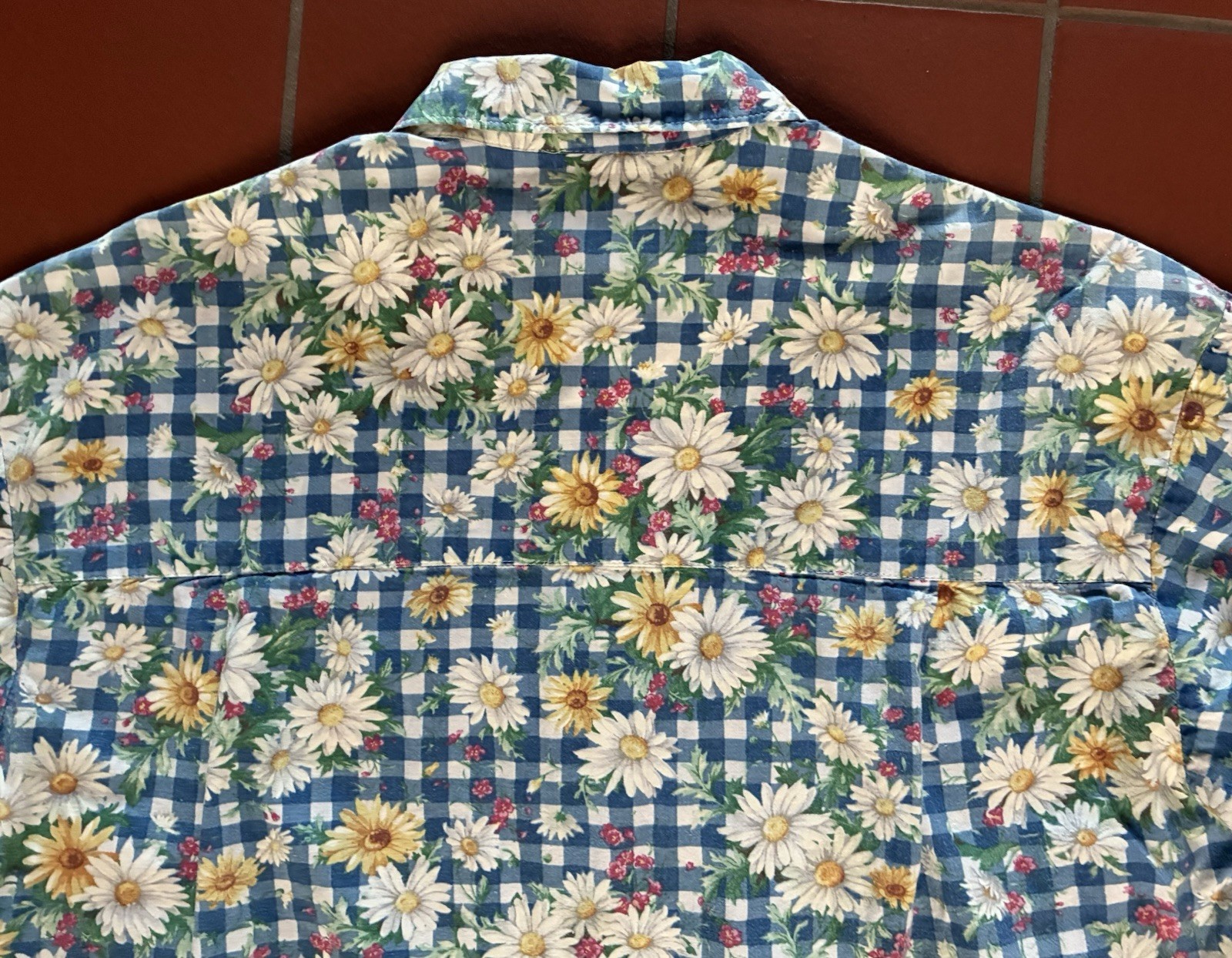 Vintage 80s Andrew McMullan Gingham Daisy Print Button Up Short Sleeve M USA