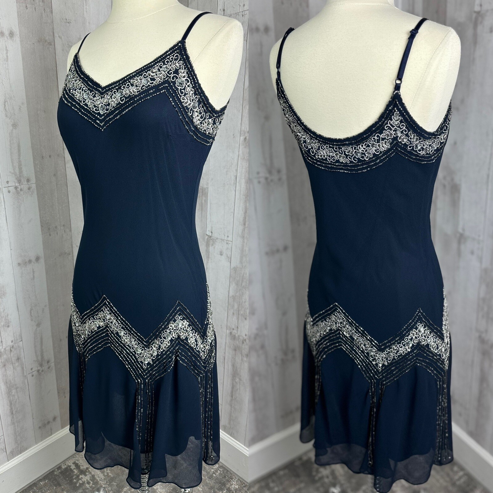 Vintage 90s J Kara Beaded Slip Dress Bias Cut Chiffon Overlay Flapper Dance Y2K