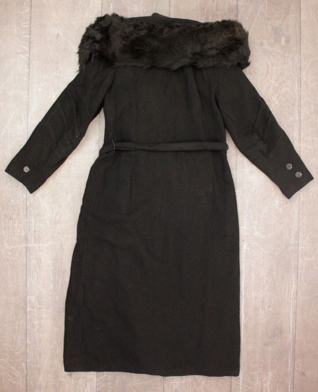 VTG Women’s 30s Black Wool Coat W/ Fur Collar & Belt & Scarf Detail Sz S/M 1930s