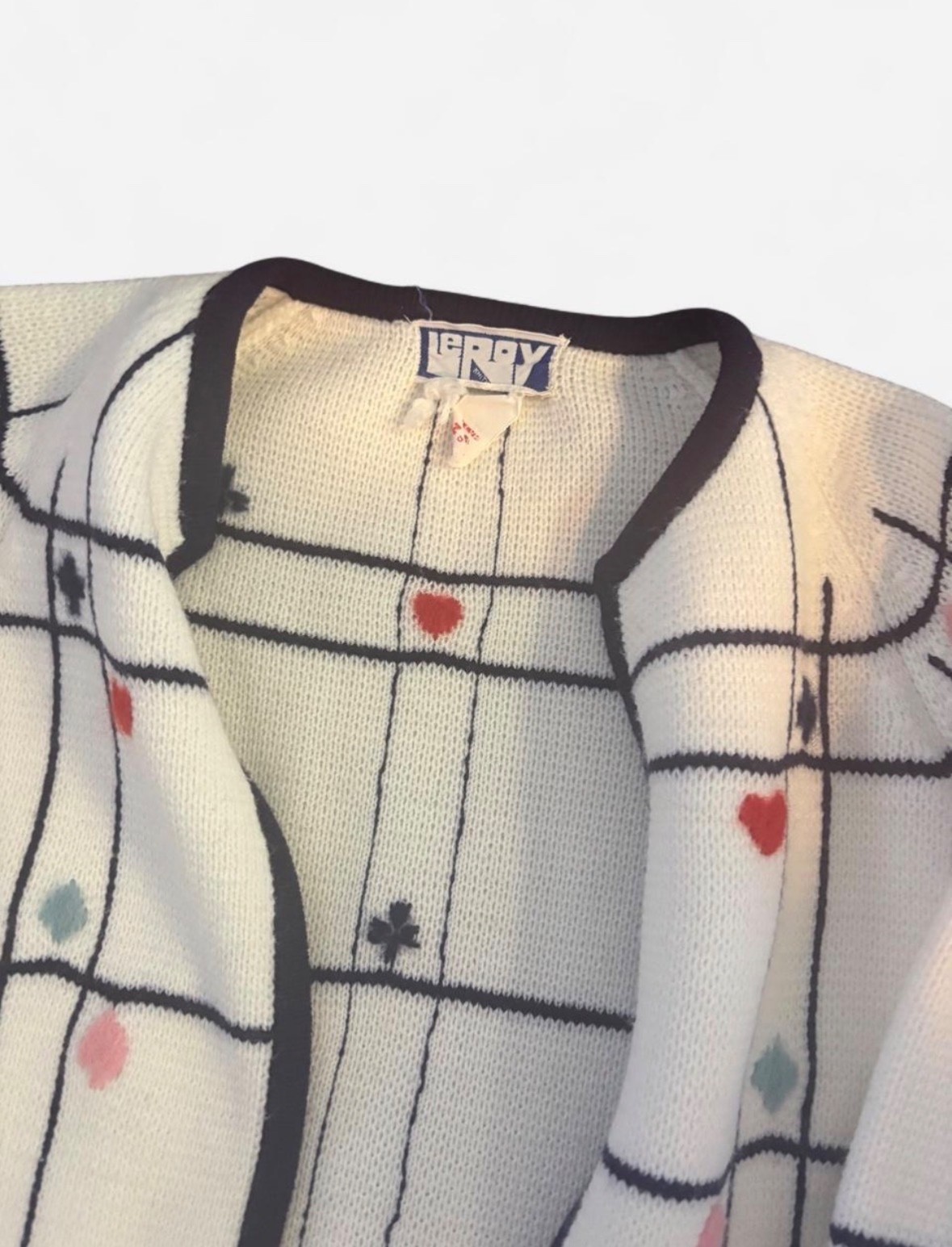 Vintage Leroy cardigan white with black grid pattern ft. hearts etc