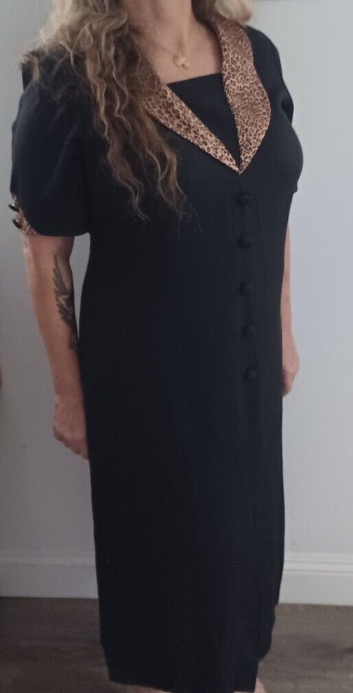 Vintage 80s Black Swing Shift Dress Contrast Leopard Oversized Collar L XL