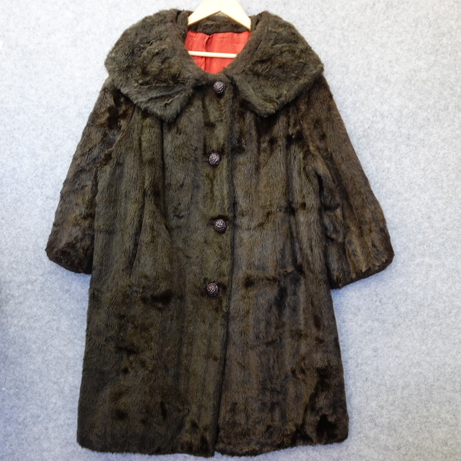 Vintage 70s Swing Coat Womens XL Dark Brown Beaver Faux Fur Mob Wife USA Made
