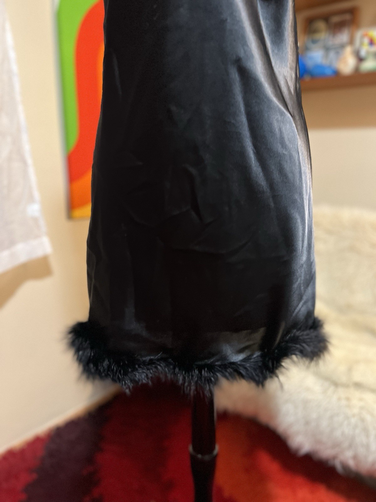 Vtg Gilligan & OMalley Gold Label Gloss Satin Faux Fur Trim Slip Dress Y2K Black