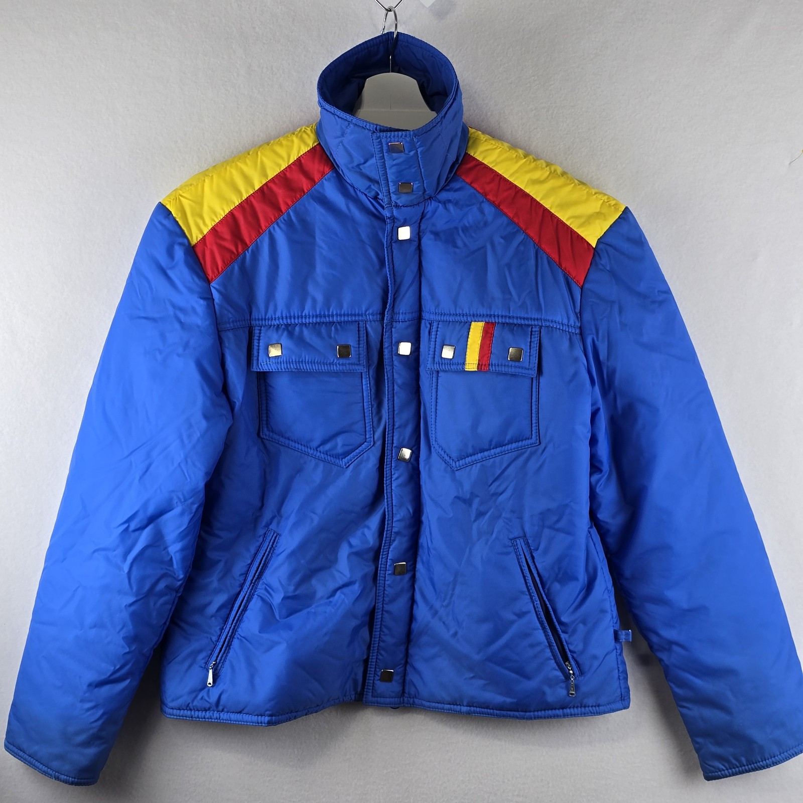 Vintage 80s Snuggler Ski Wear Jacket XL Blue Yellow Red Stripe Retro Colorful