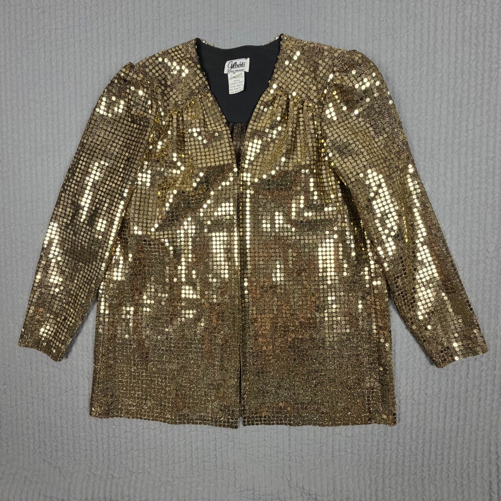 Vintage Gilberti Gold Sequin Open Front Jacket Metallic Disco Party Glam USA 12