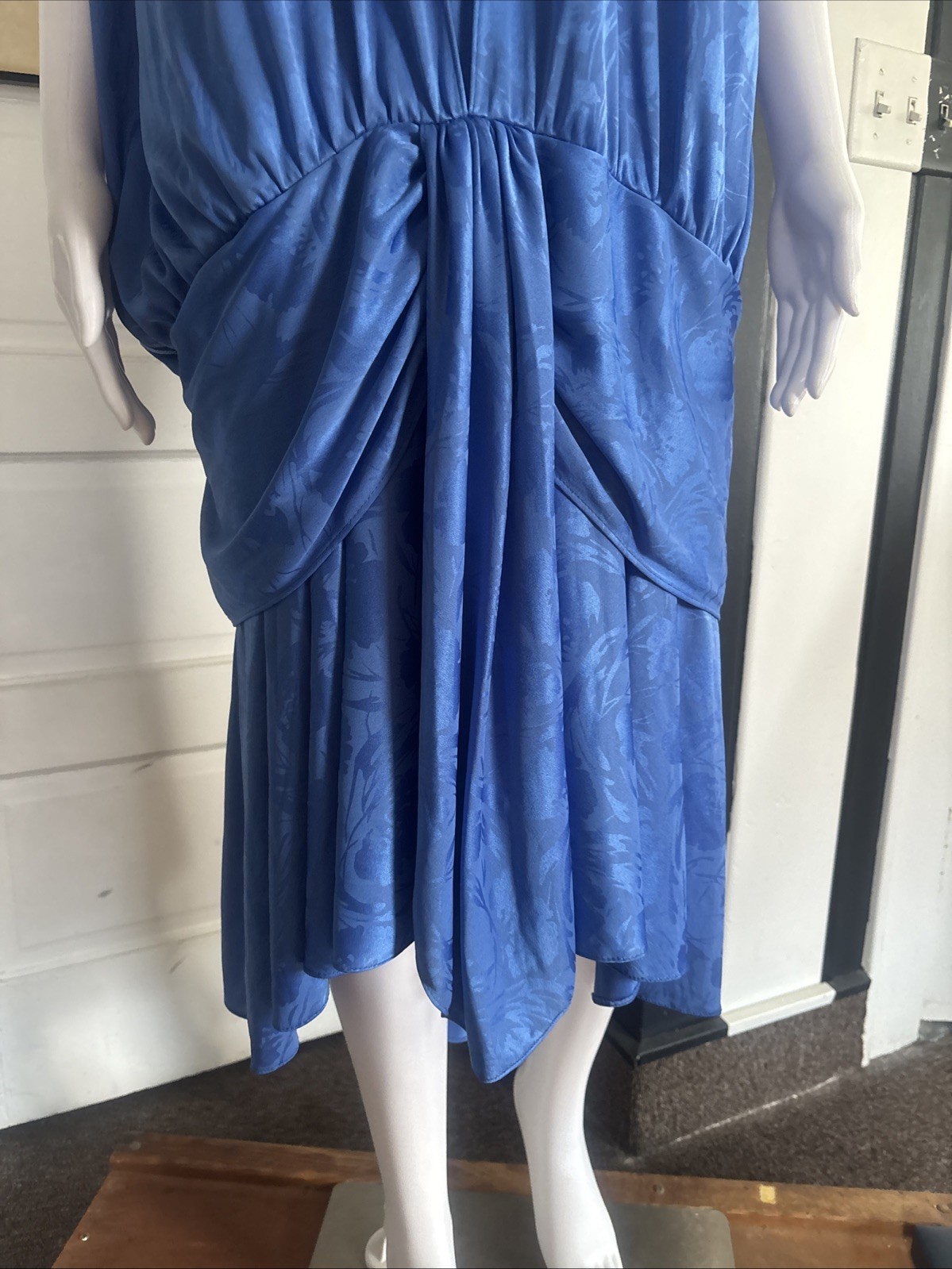 80s RICCARDO Drop Waist Dress Blue Size 16.5 USA made Silky Floral Shoulder Pads