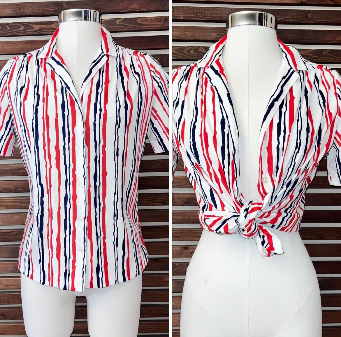 1970s 70s Vintage Red Blue White Striped Button Short Sleeve Graff Blouse Shirt