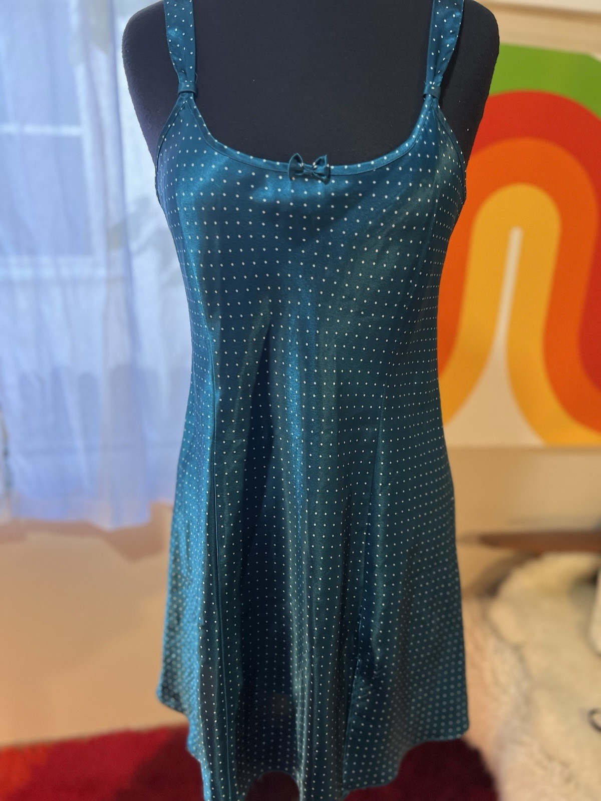 Vtg Y2K Satin Slip Dress Nightgown Glossy Teal Polka Dot Morgan Taylor Medium