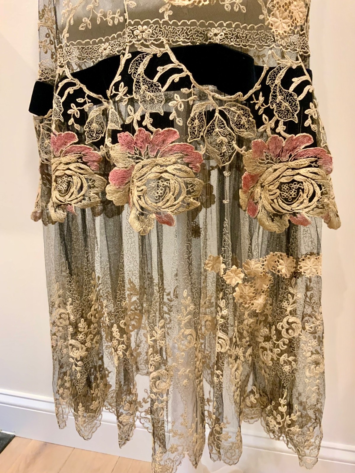 Rare 1920s French Lace Dress. Black Net & Pink Floral Embroidery. Restored S