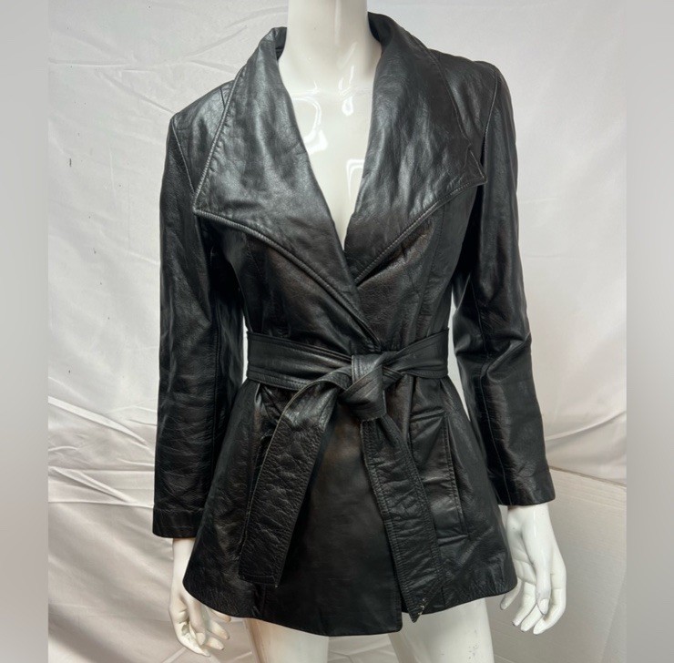 Vintage 7 Days Leather ltd Women’s Attached Belt Jacket Wrap Coat 70s Small
