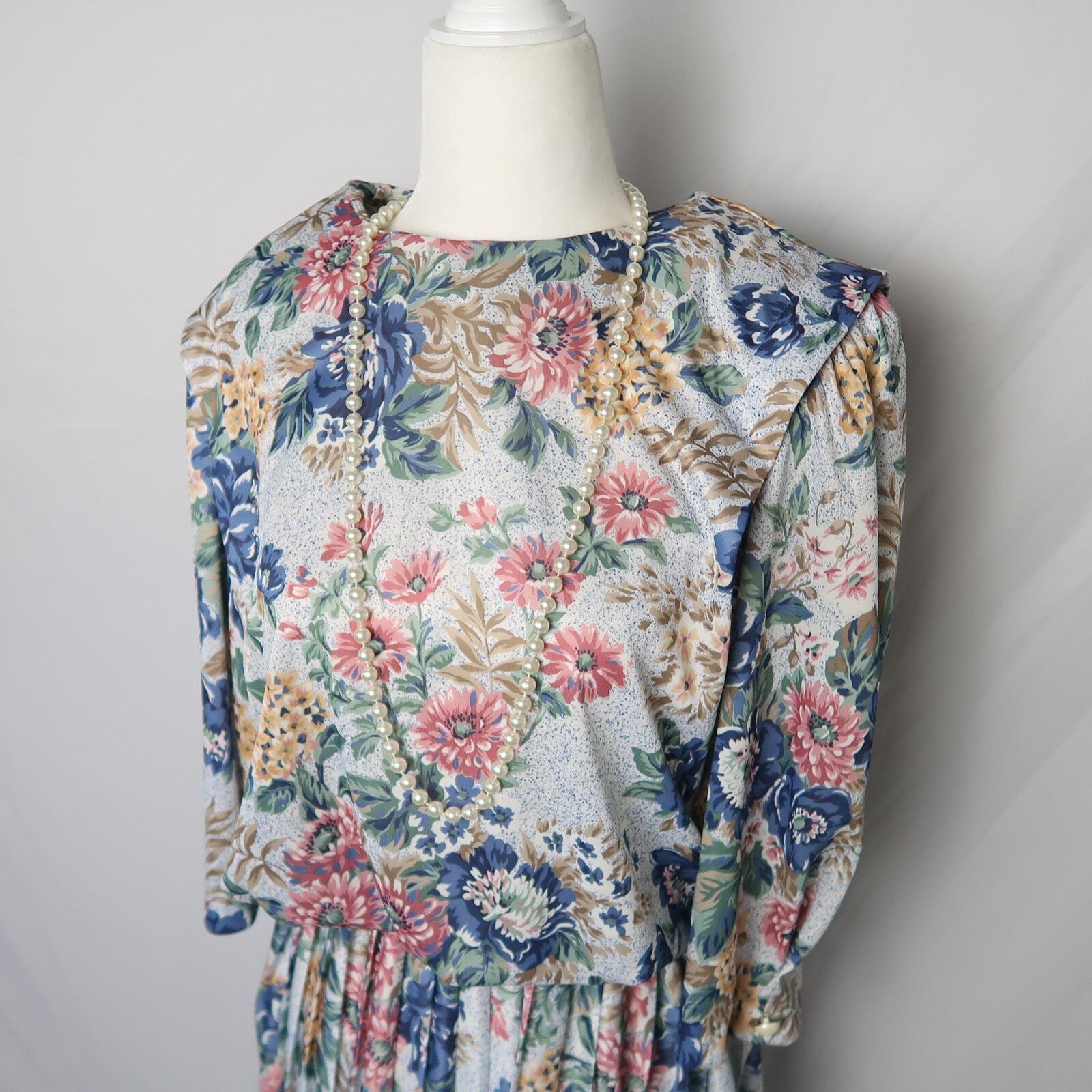 Vintage 80s Cue blue pink and grey granny floral midi dress 10