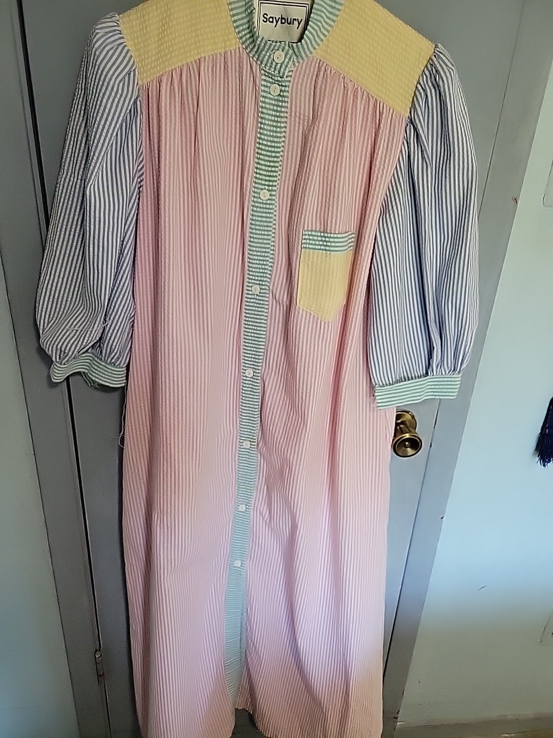 Vintage Saybury Seersucker House Dress Robe Xsmall Pastel Stripe Maxi Length