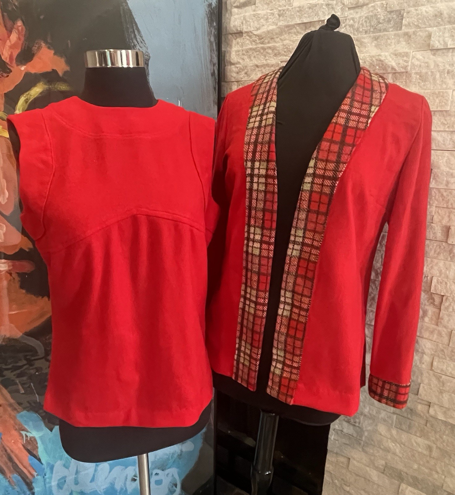 Vintage Handmade Red Sleeveless Top And Open Cardigan 70s Poly