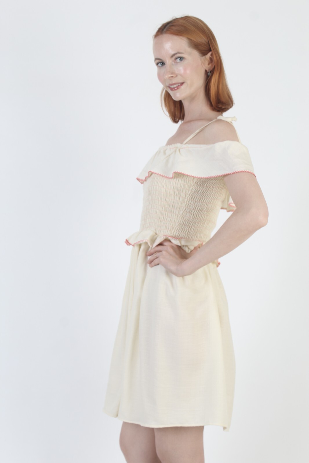 Vtg 70s Shoulder Tie Smocked Mini Dress Ruffle Capelet Unicolor Boho Sundress