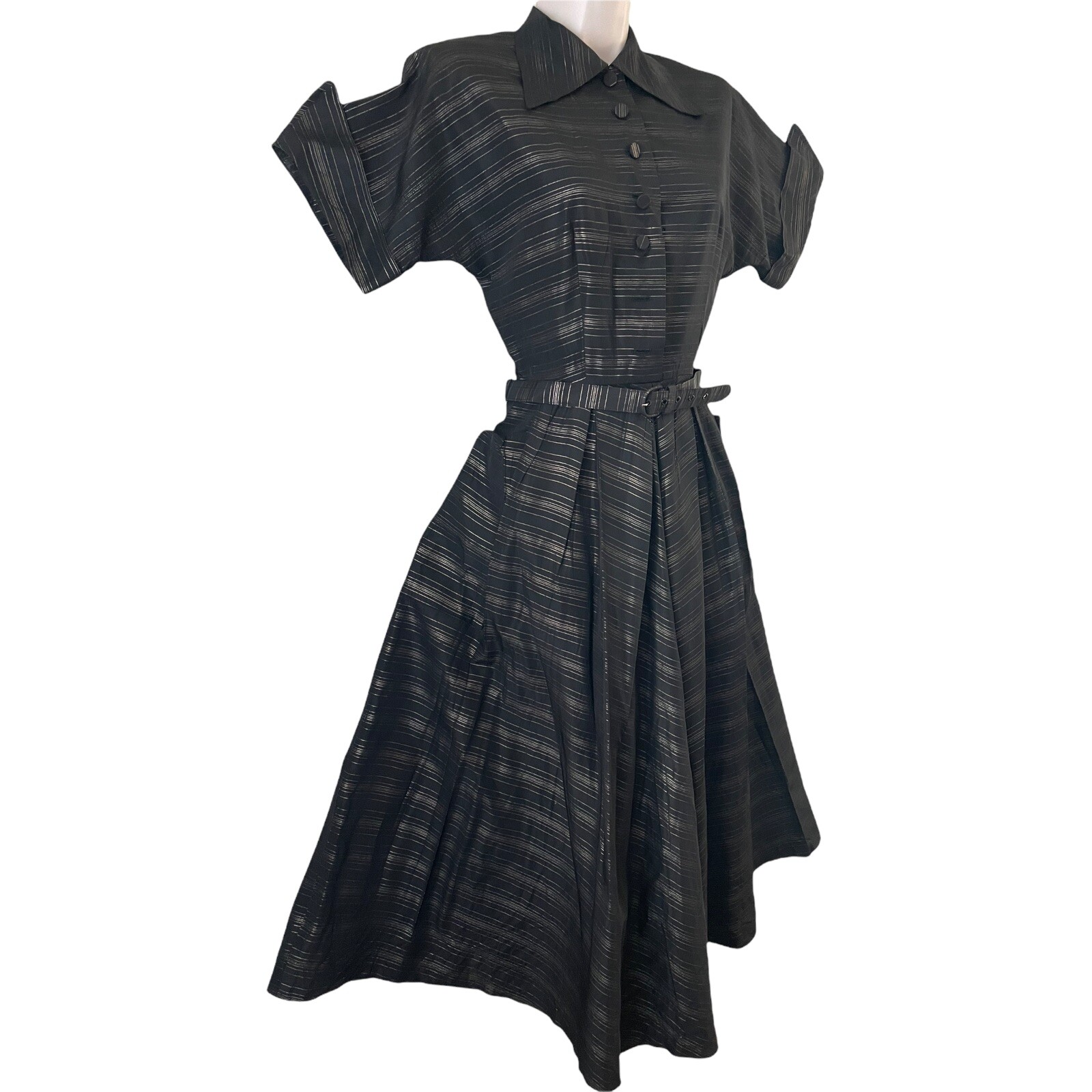 Vintage 1940s Black + Gold Dress w/ Pockets + Belt. Size S/M, USA