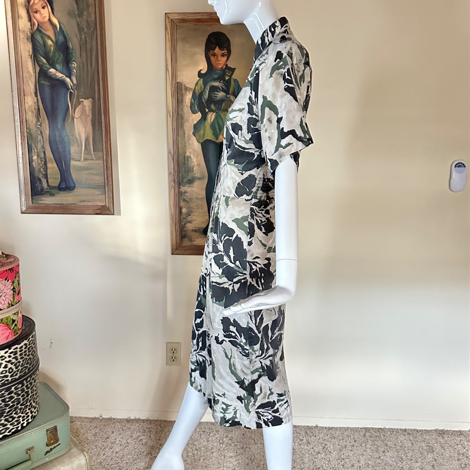 Vintage 1980s New Wave Camo Print Shirtwaist Uniform Military Day Dress M