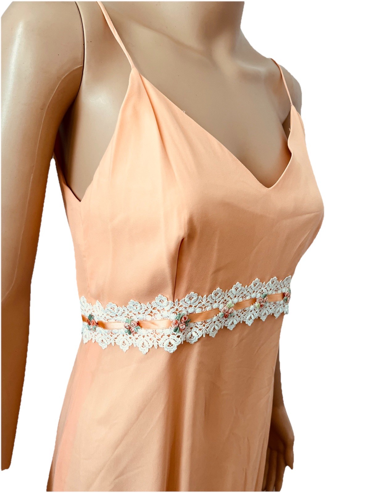 VTG 60s Peach Chiffon Maxi Dress Capelet Floral Lace Ribbon Trim Hemline Damage