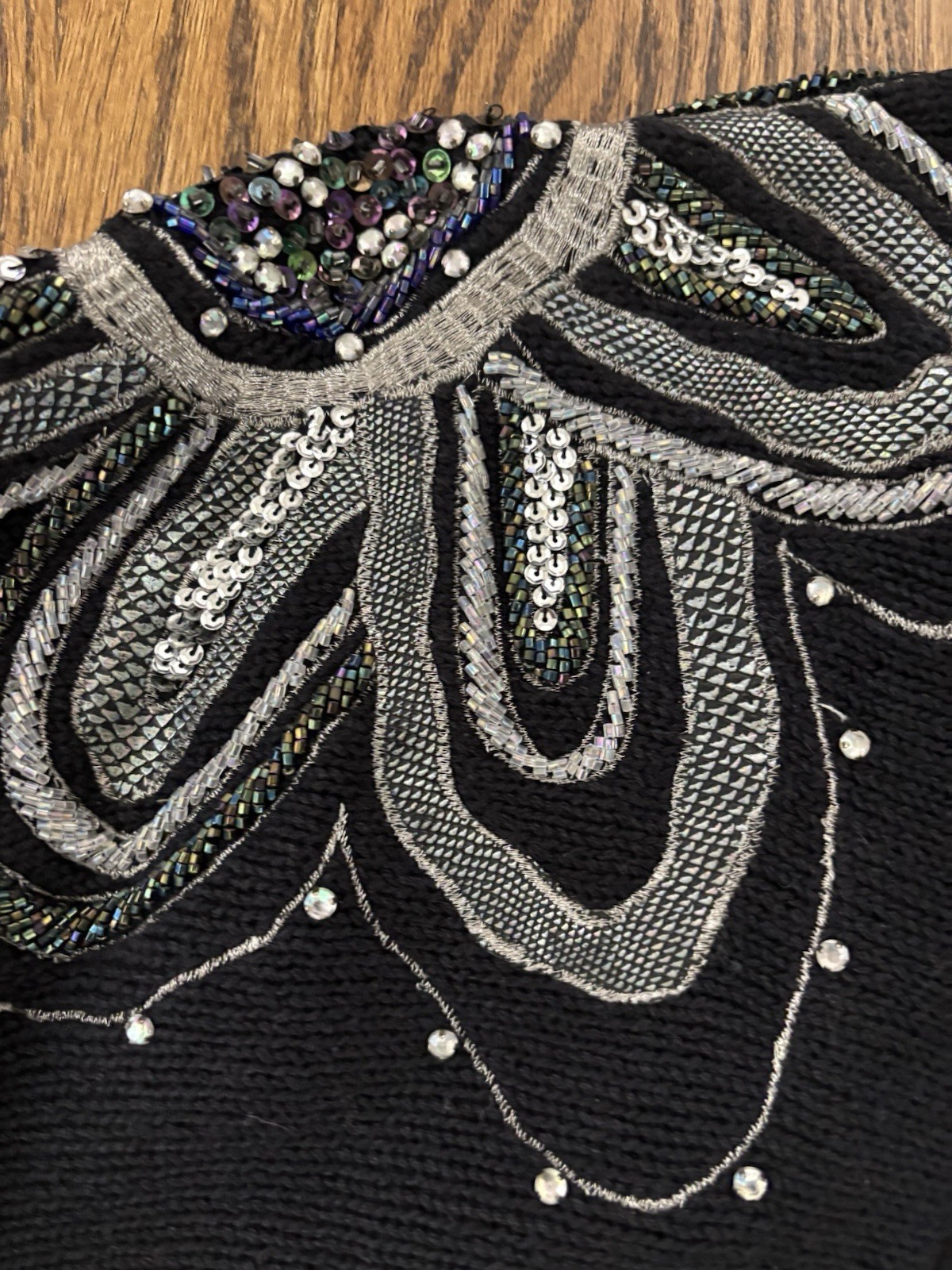 Vintage 1990’s Bonnie Boerer Metallic Silver Embellished Batwing Wrap Sweater M