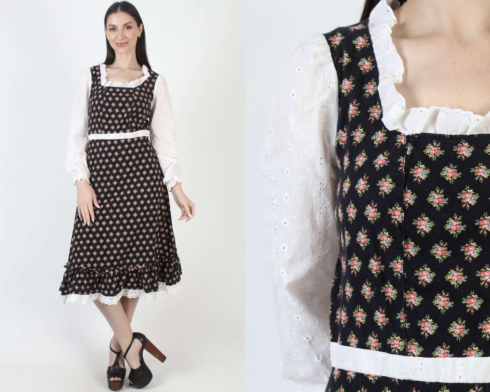 Vtg Black Floral Prairie Dress White Embroidered Eyelet Cottage Rose Boho Midi