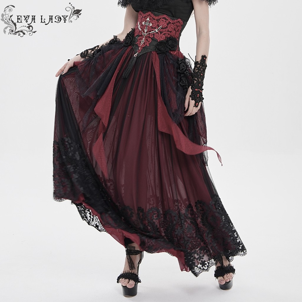 Eva Lady Women Black Red Retro Gothic Elegant Cross Bat Corset With Tulle Skirt