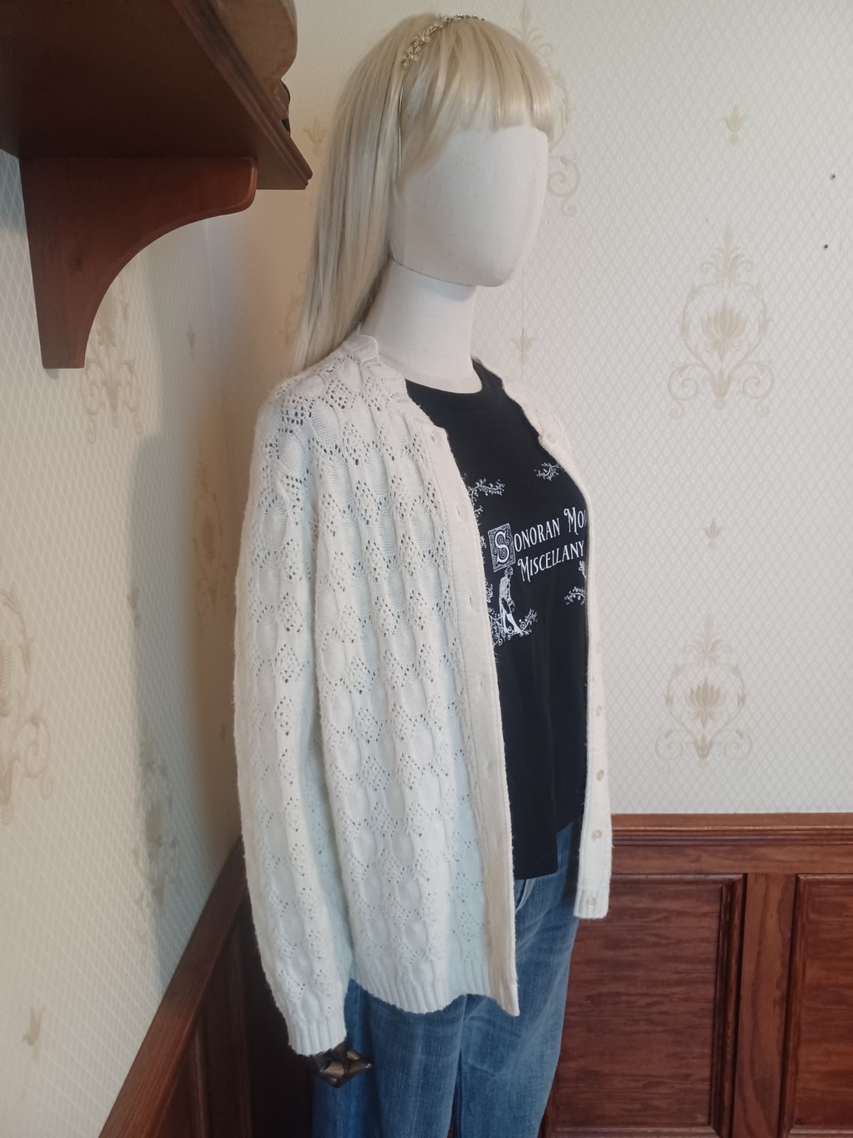 Vintage 1960s/1970s Kenneth Too Ivory-Colored Open Knit Sweater Girl Cardigan