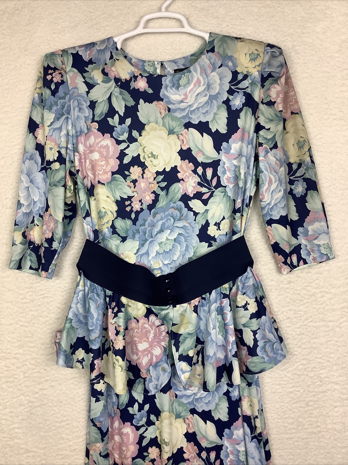 Vintage Statements ALine Peplum Dress Womens 14 Granny Core Stretch Belt Floral