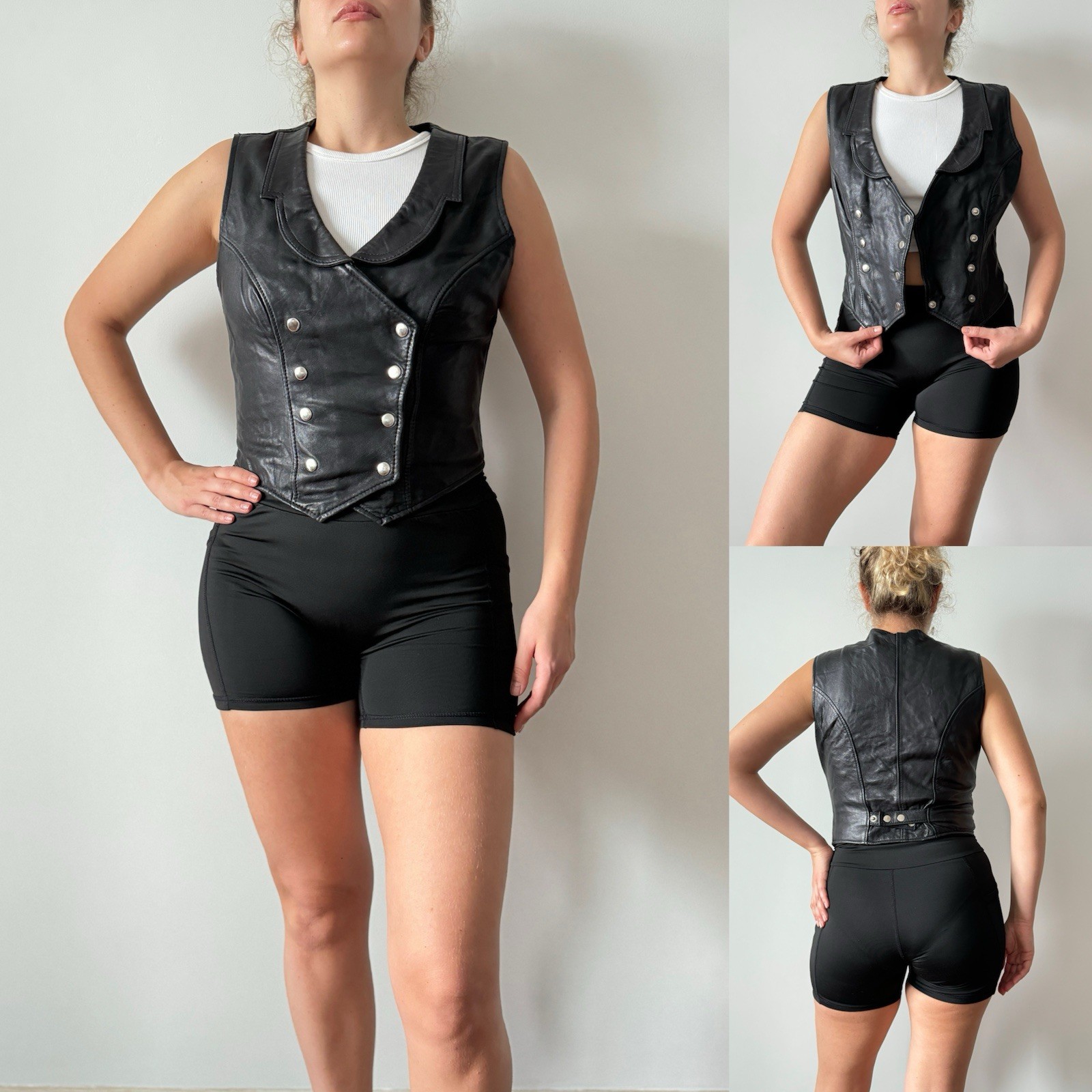 90s vintage double breasted black leather biker motorcycle chopper buckle vest