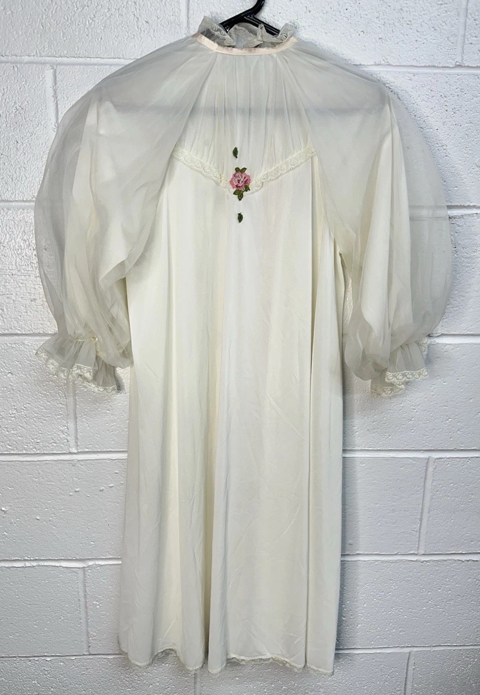 VTG 1960s Sheer Nylon Peignoir Robe Topper Ivory Pink Rose Embroidered Lace Trim