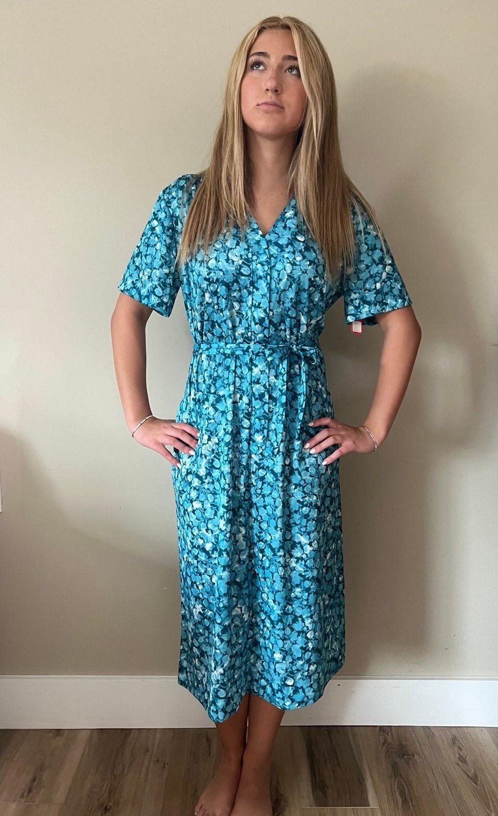1960s DEADSTOCK Vintage Blue Floral House Shirt Dress by A Nancy Frock sz 20