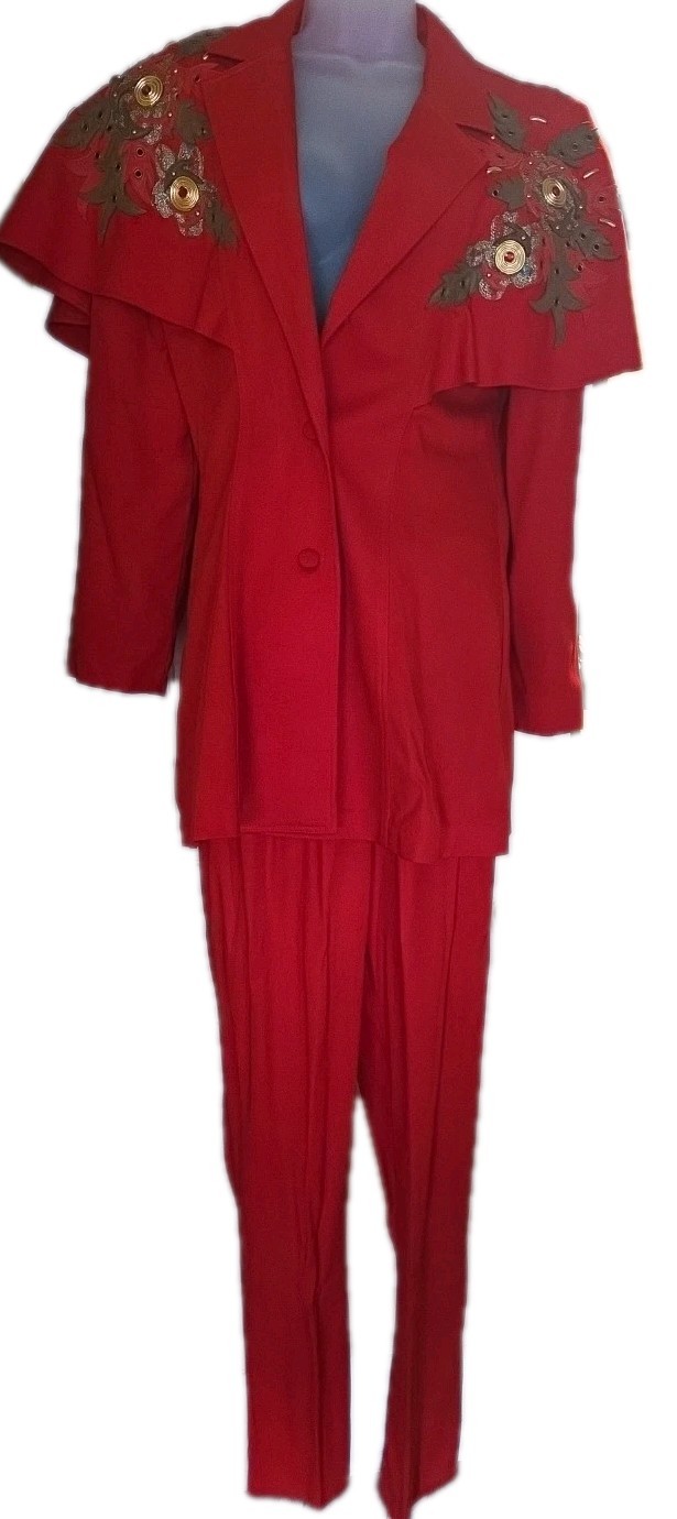 Vtg 80’S IIF Red Glam Pantsuit Sz 10 Mini Cape Jacket & Pants Statement Emblshd
