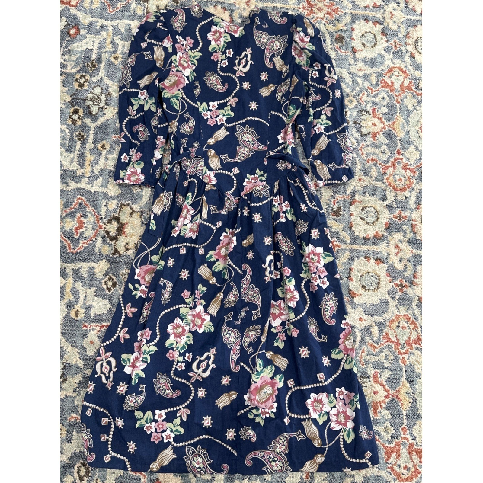 Vintage Floral Midi Dress Women Size 5 Navy Blue Lace Collar Shoulder Pads 80s