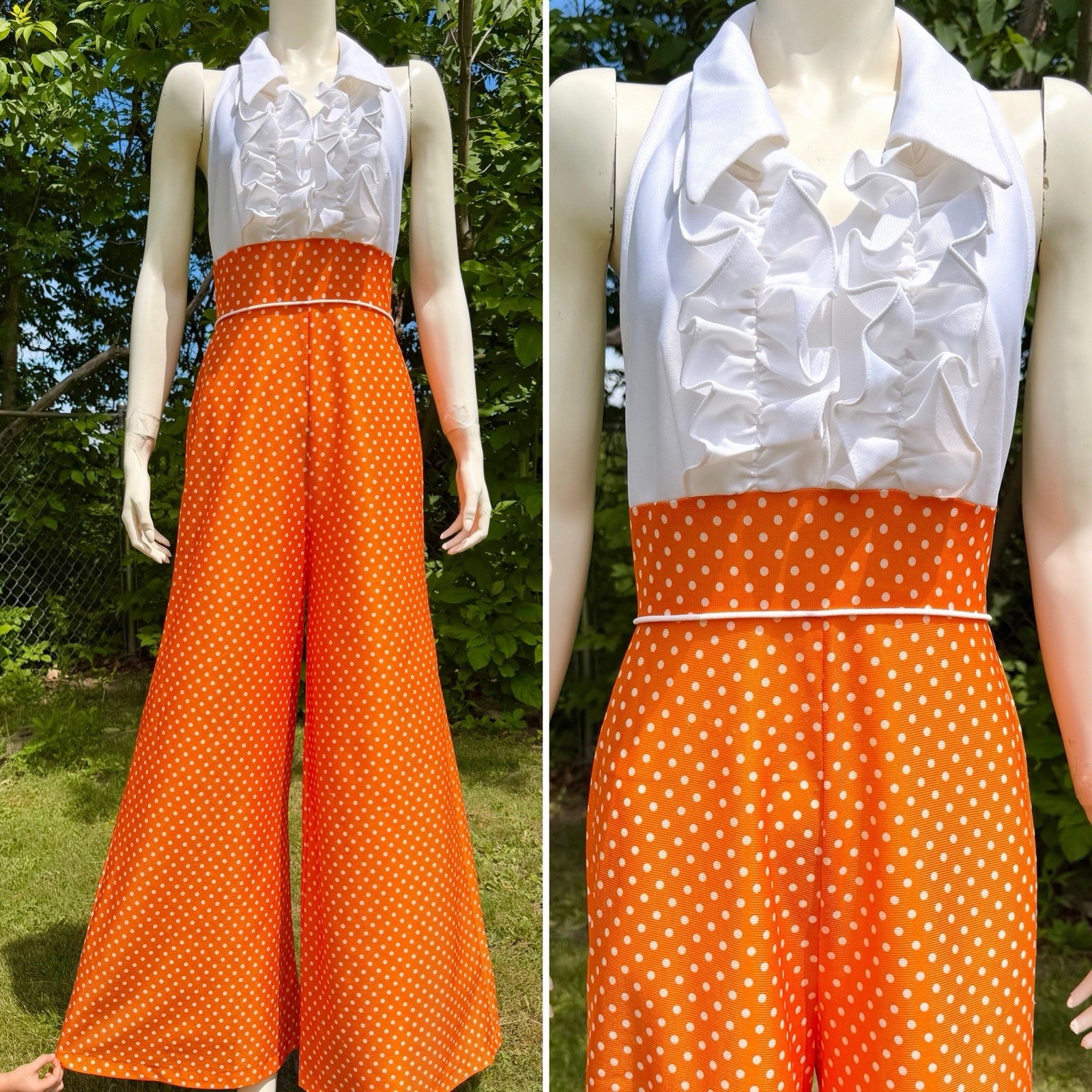 1960s 1970s BELL BOTTOM JUMPSUIT Vintage Romper Polka Dot Tuxedo Halter White