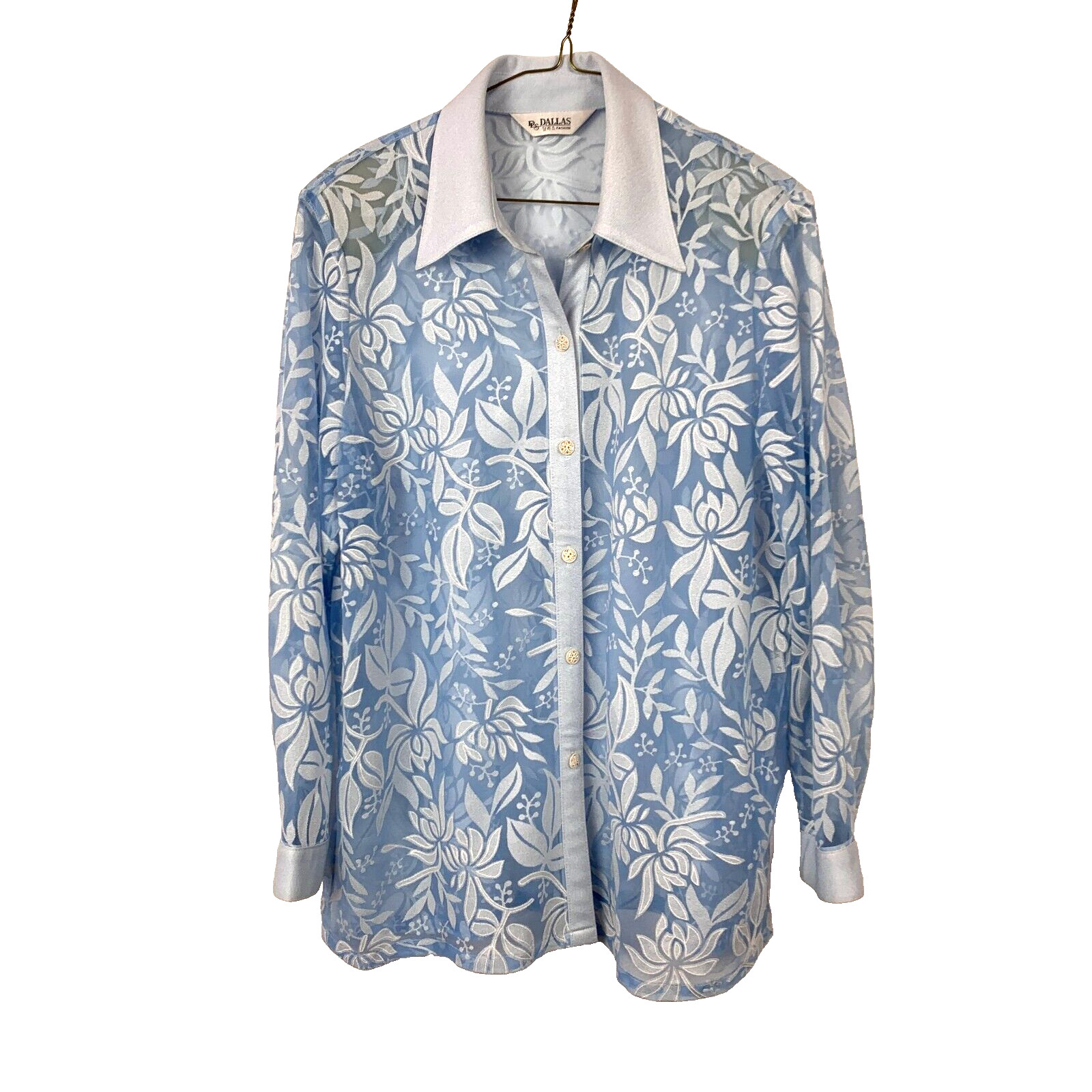 Vintage Dallas Fashion Sheer Blue Floral Overprinted Dainty Dress Shirt Chest 44
