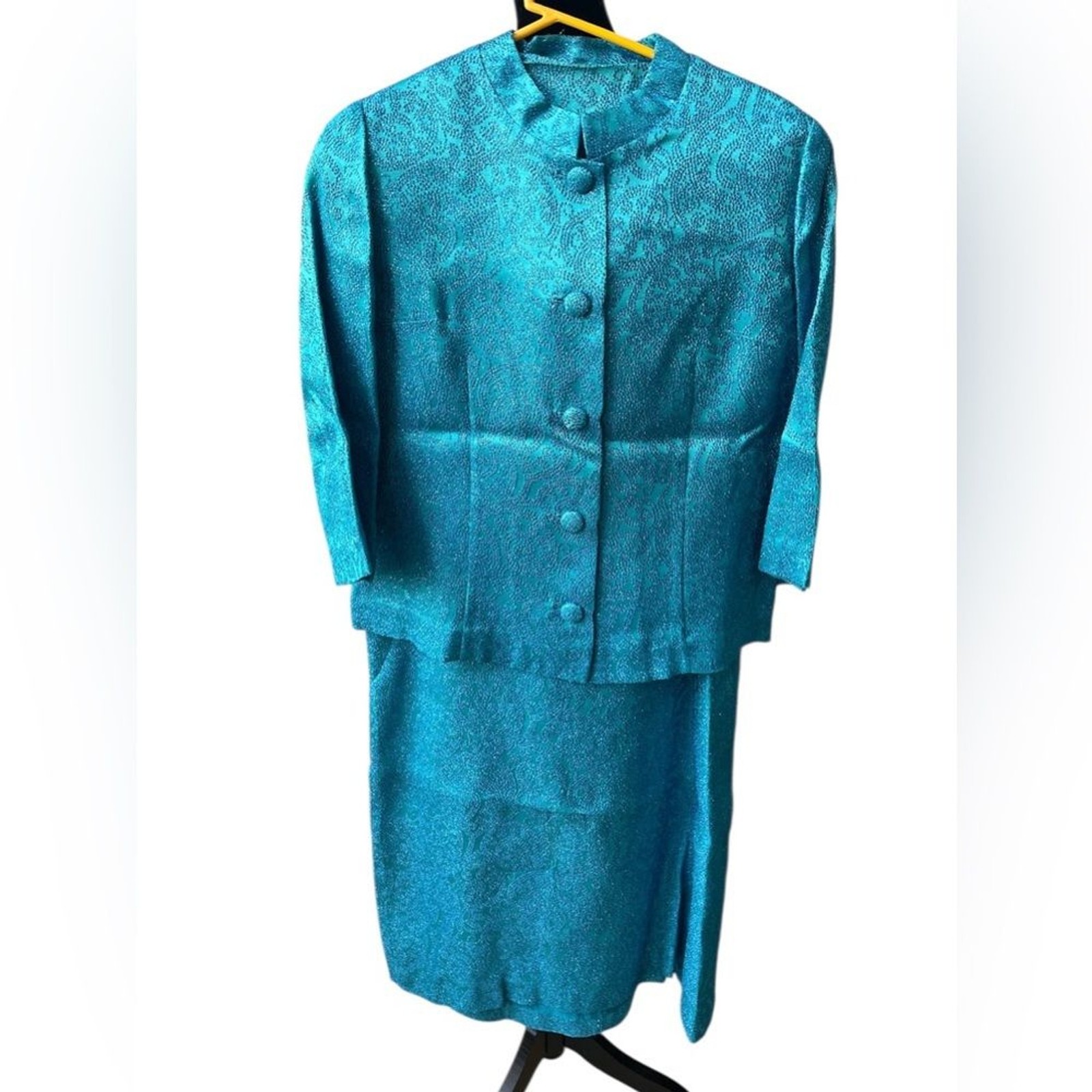 Vintage Blue Turquoise Metallic Dress Suit Set with Blazer Size Medium