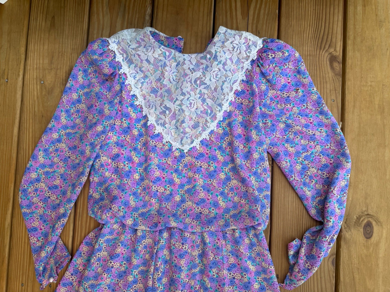Vintage 80s JT Dress Floral Prairie Dress Lace Collar Purple Sz 6 Cinched Waist