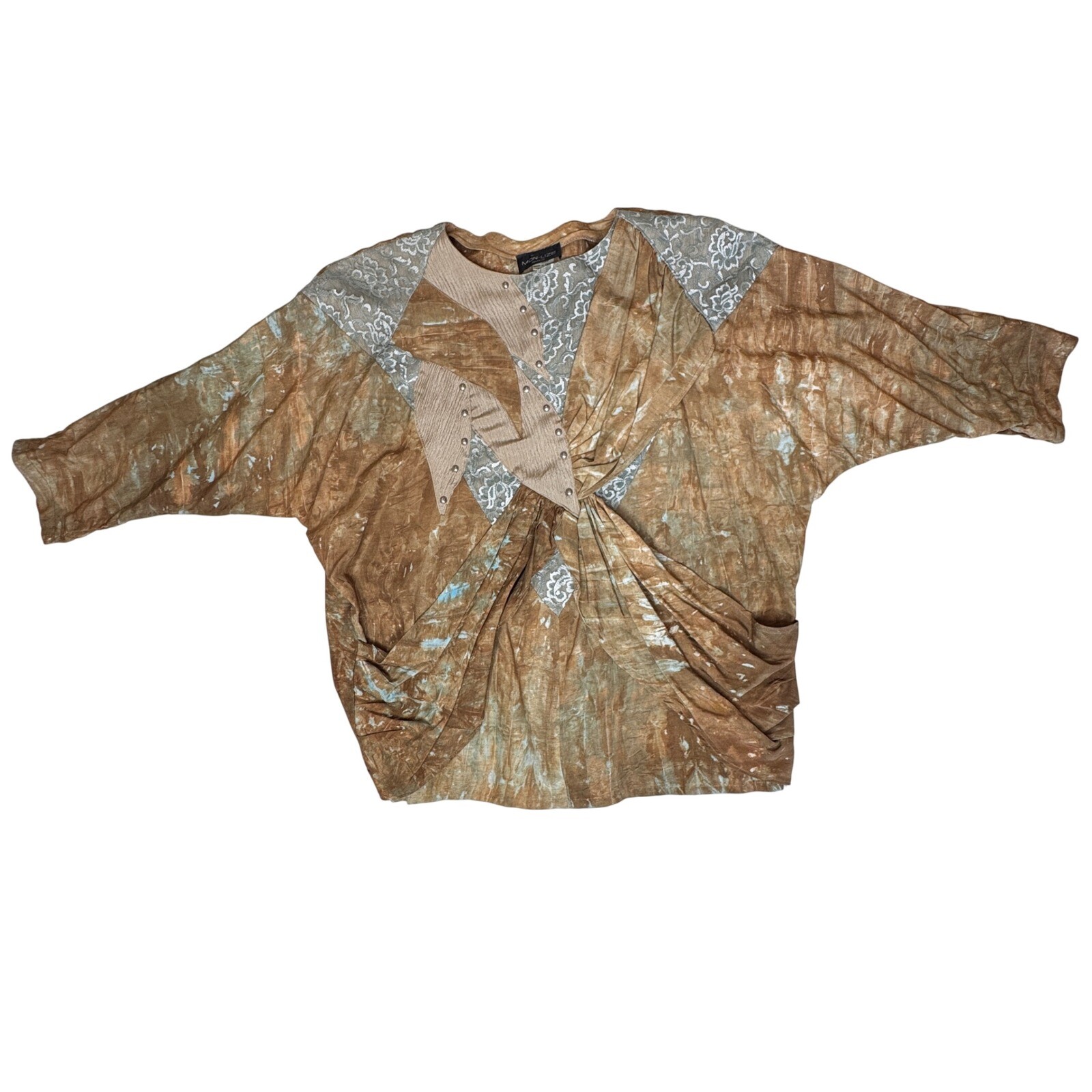 VTG MON-LIZE 80s Tunic Top MED/LG Mixed Media Made France Brown Artsy Lagenlook