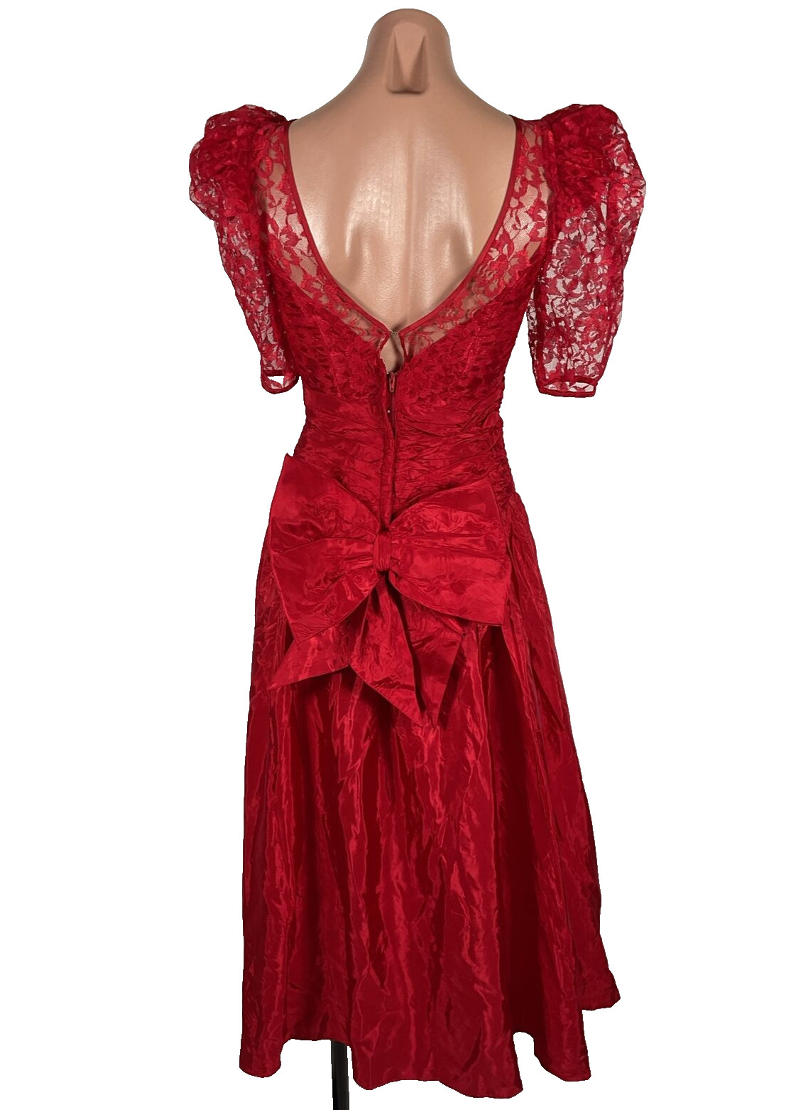 VTG 80s Prom Red LACE PUFFY BUBBLE SLEEVE Party Formal Bows Evening Dress Gown 4