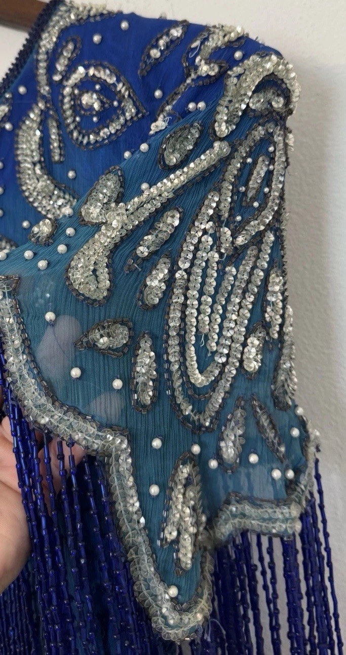 Sweelo Sequin Beaded Silk Formal Evening Dress 8-10 Fringe 80s Vintage Gatsby