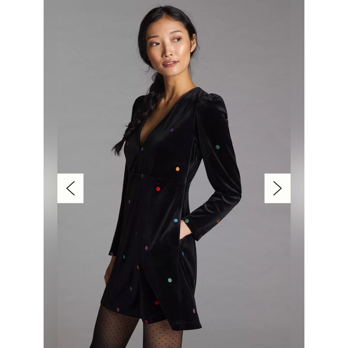 FARM RIO Embroidered Velvet Mini Dress Polka Dot Retro Whimsy Black Rainbow M