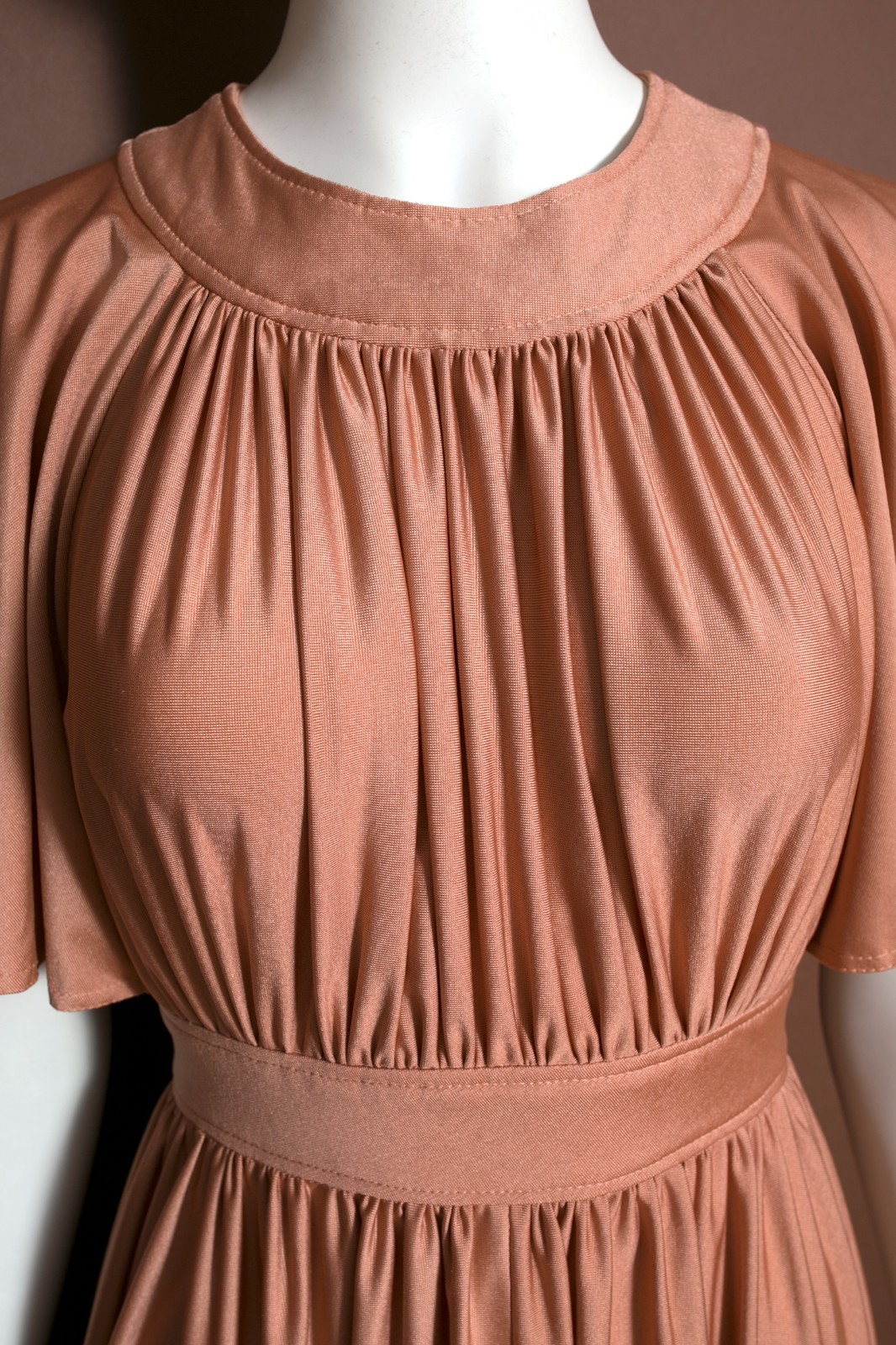 Gorgeous Vintage 70s Nude Cocoa Blush Draped Maxi Dress with Full Skirt