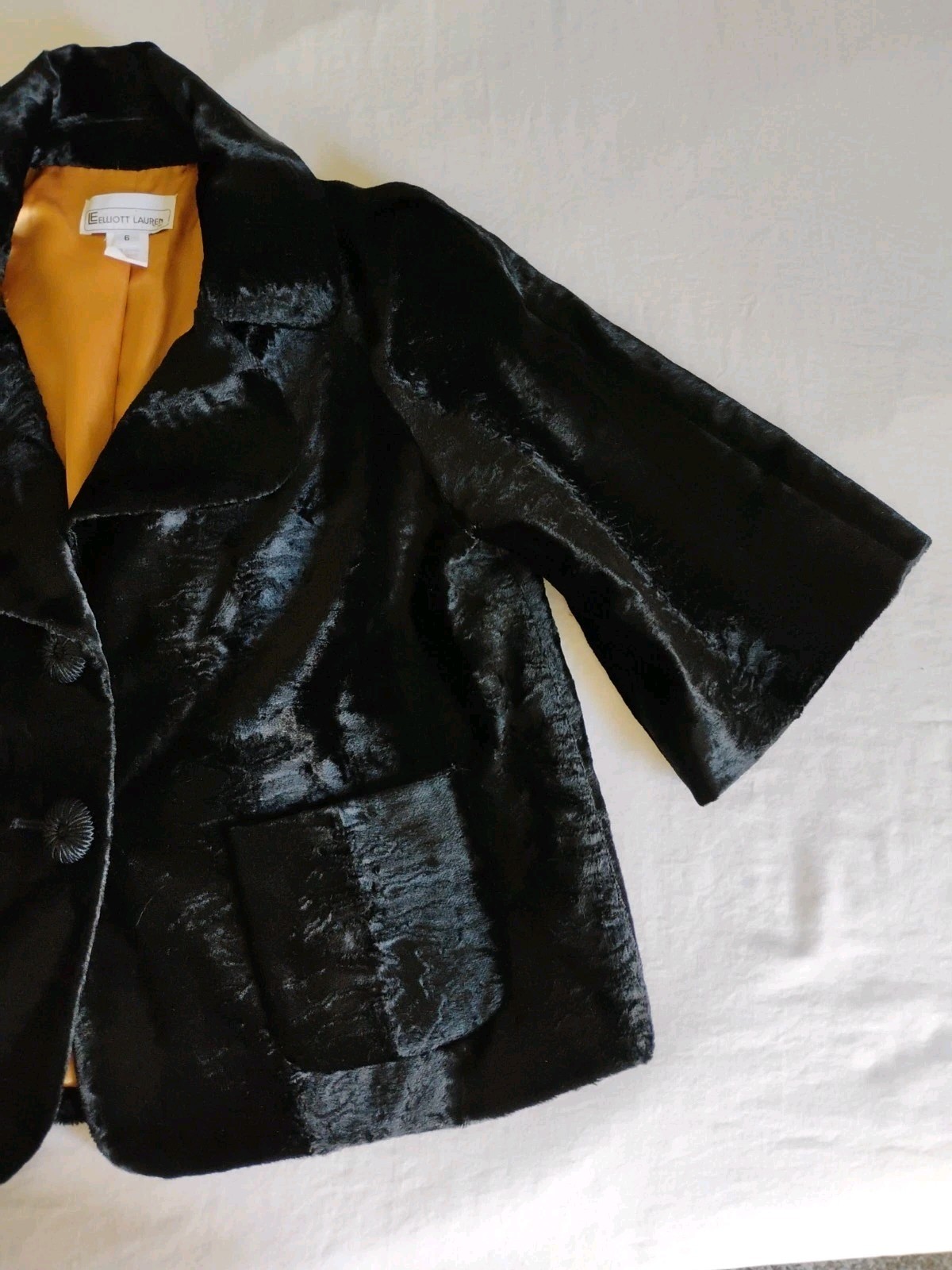 Elliott Lauren Jacket Blazer Coat Women’s Black Faux Fur MCM Mod Glam 6 USA EUC