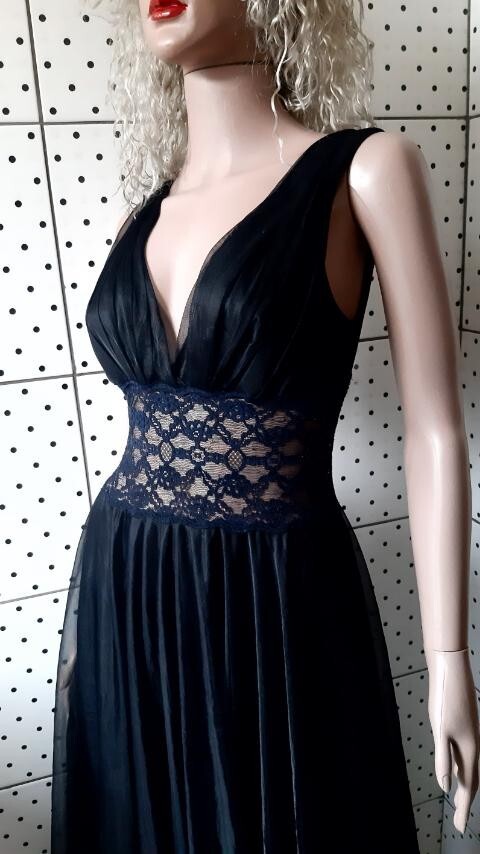 Vintage 80s Black Nylon Peignoir Dress Sexy Guipure Layered Chest 86cm/34″