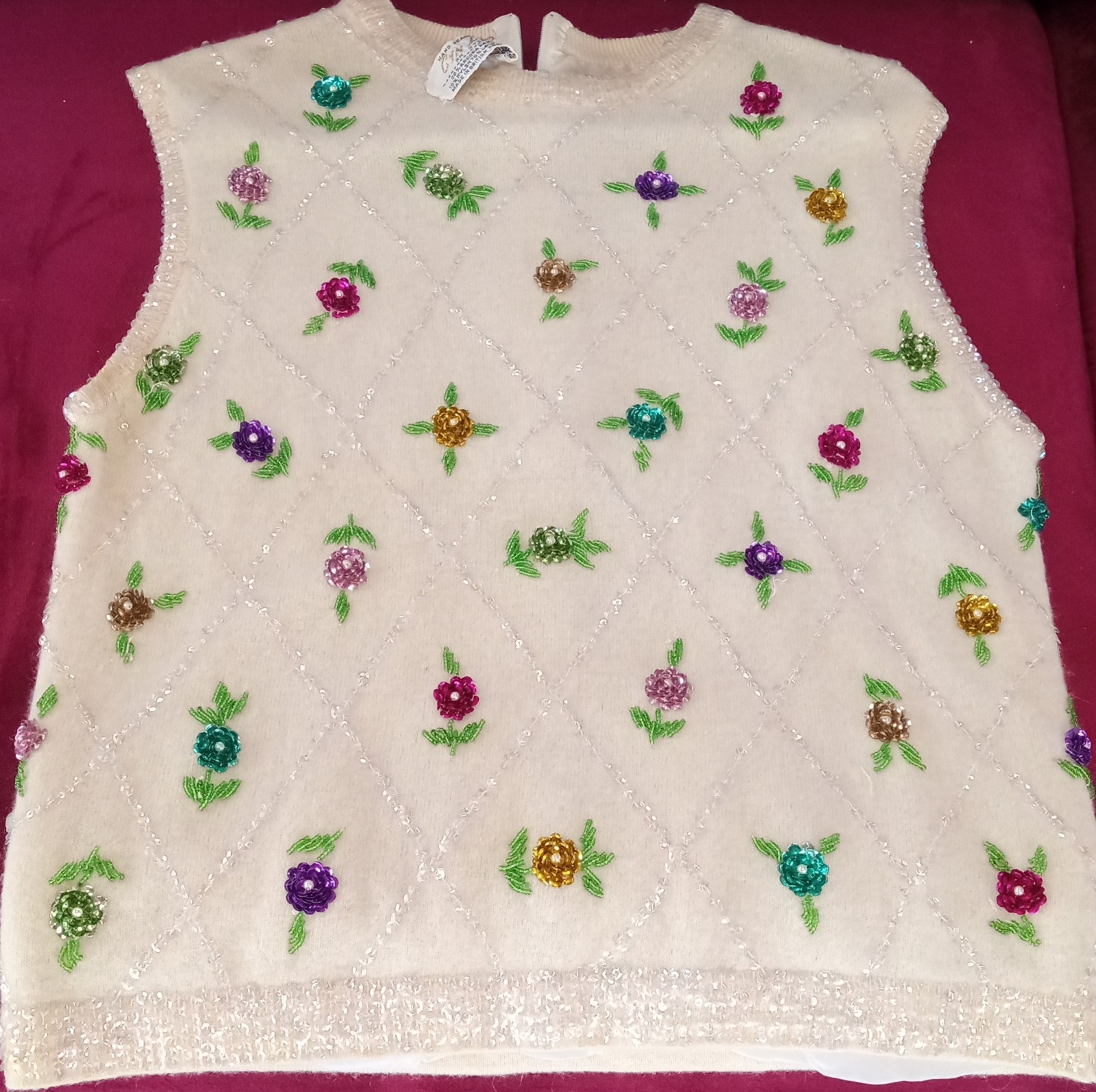 Vintage Gyn Les Beaded Vintage Sweater Vest Ivory Angora Lambswool Size 40