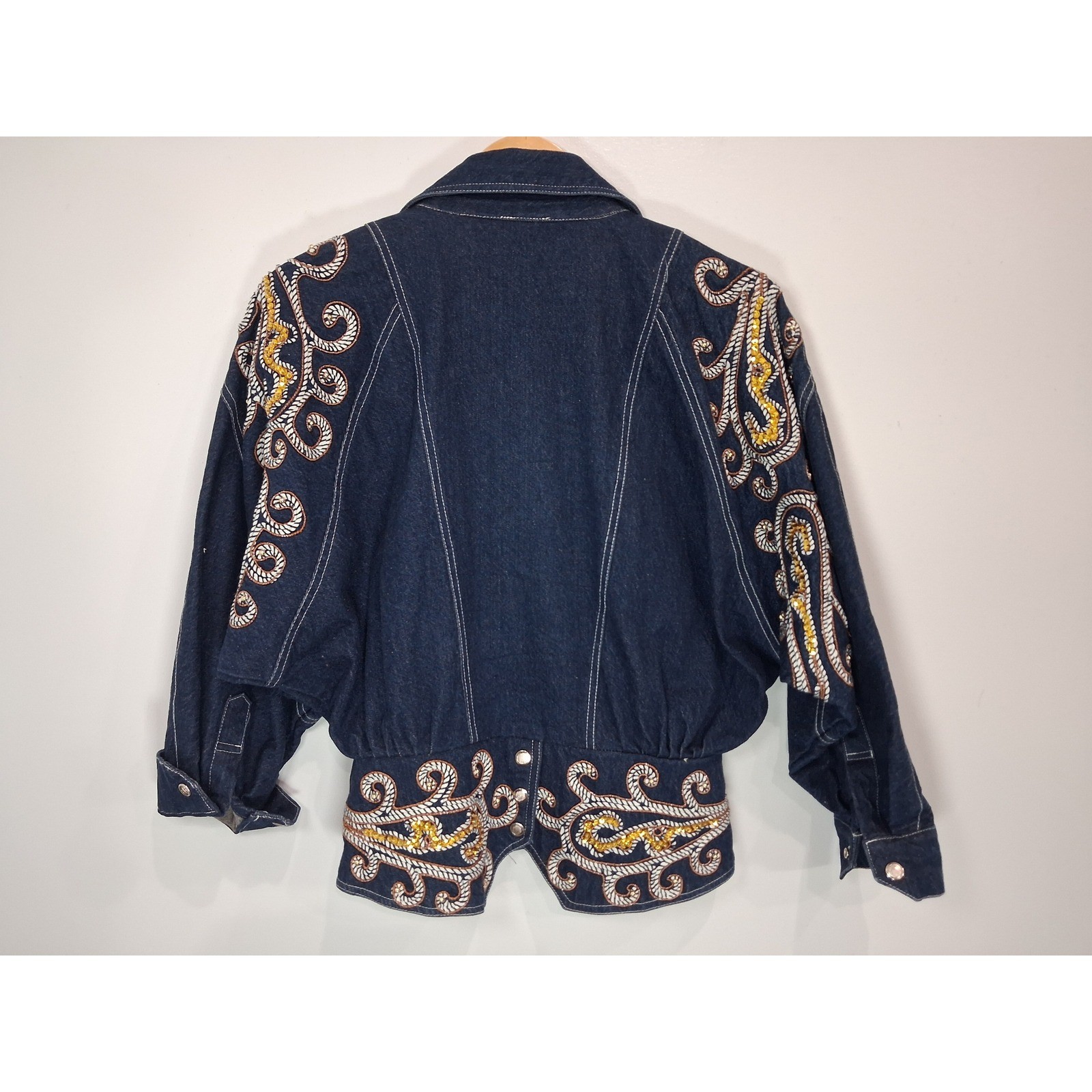 Vintage 80s Denim Moto Jacket Soutache Sequin Paisley Batwing Dark Wash Blue