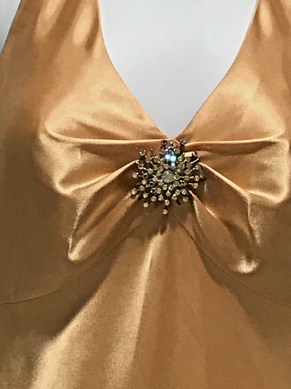 Vtg 80s Sz. 6 Ball Gown/Prom Dress. Gold Halter w/Brooch. Empire Waist. Art Deco
