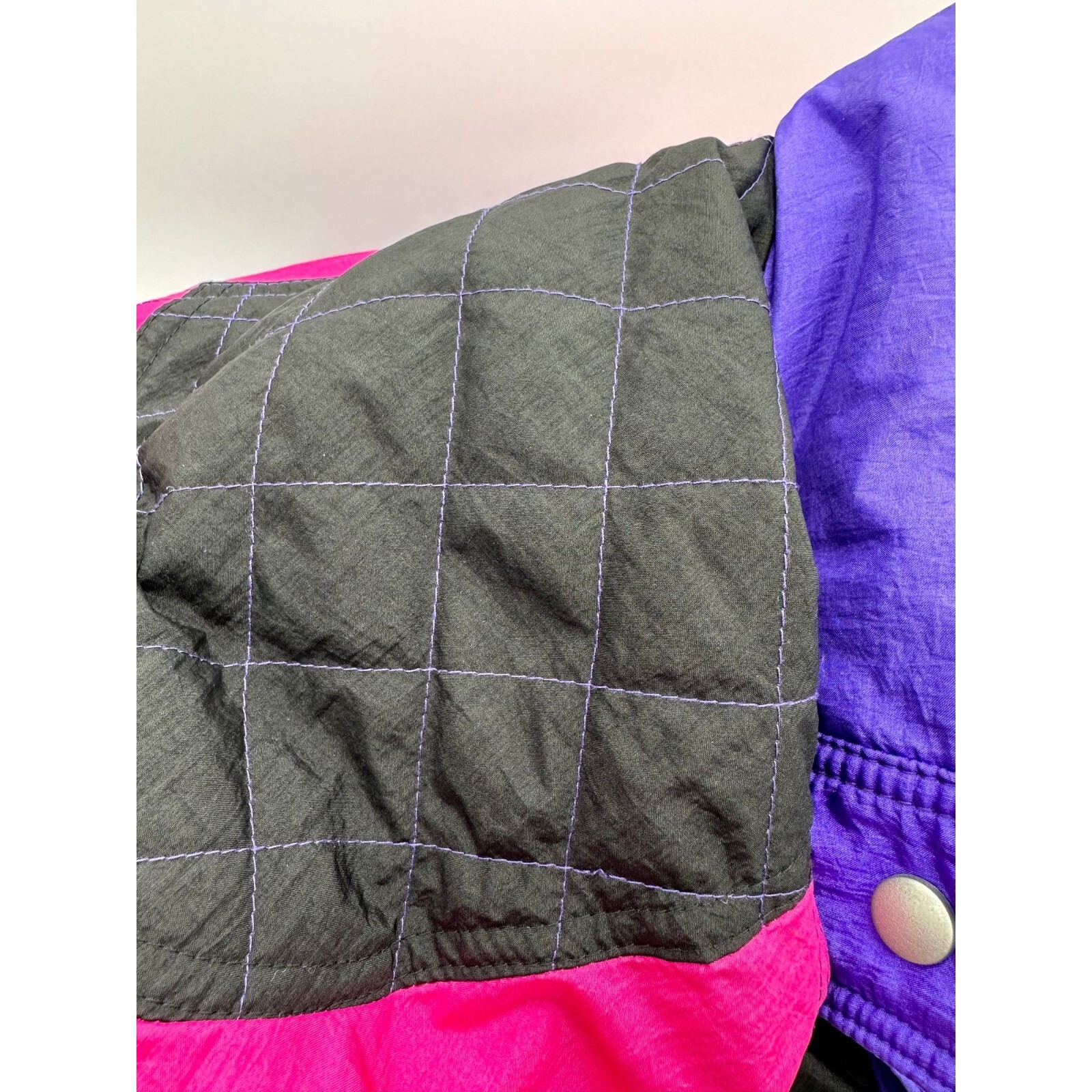 Vintage Puffer Coat Ski Jacket Puffy Color Block Pink Purple Black Large 1990s