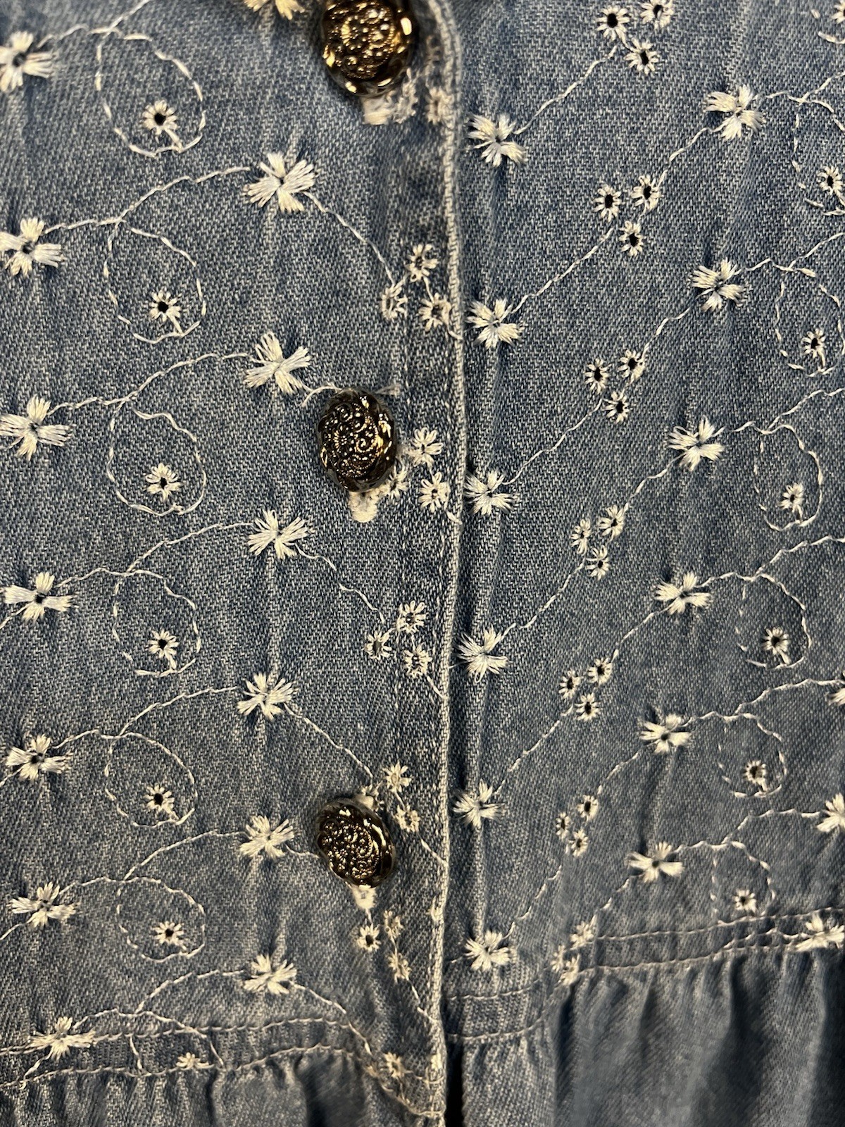Vintage 70s Denim Dress Embroidered Flowers City Lights Sz 20W Hippie