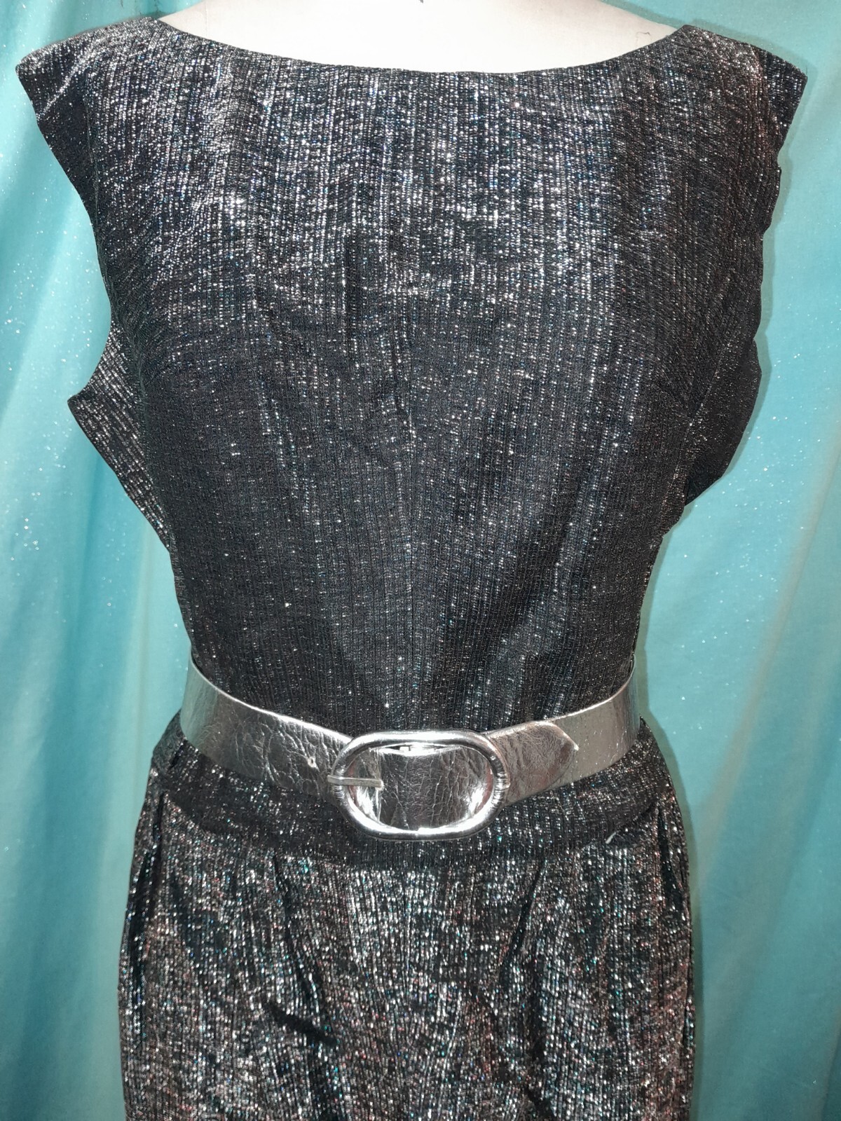 Vtg 50s 60s Multi LUREX BLACK WIGGLE RnR VLV cocktail Silver Party Dress RARE L