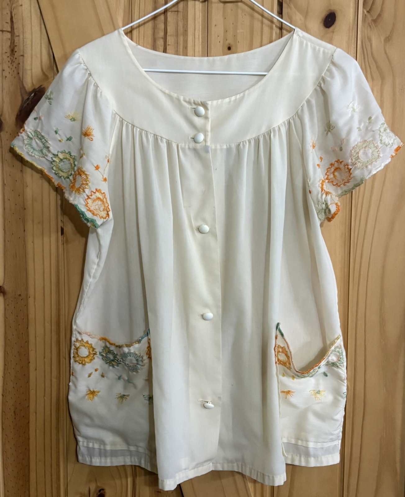 VTG 60S 70S WOMENS FLOWER EMBROIDERED FESTIVAL PRARIE BOHO BABYDOLL Shirt M